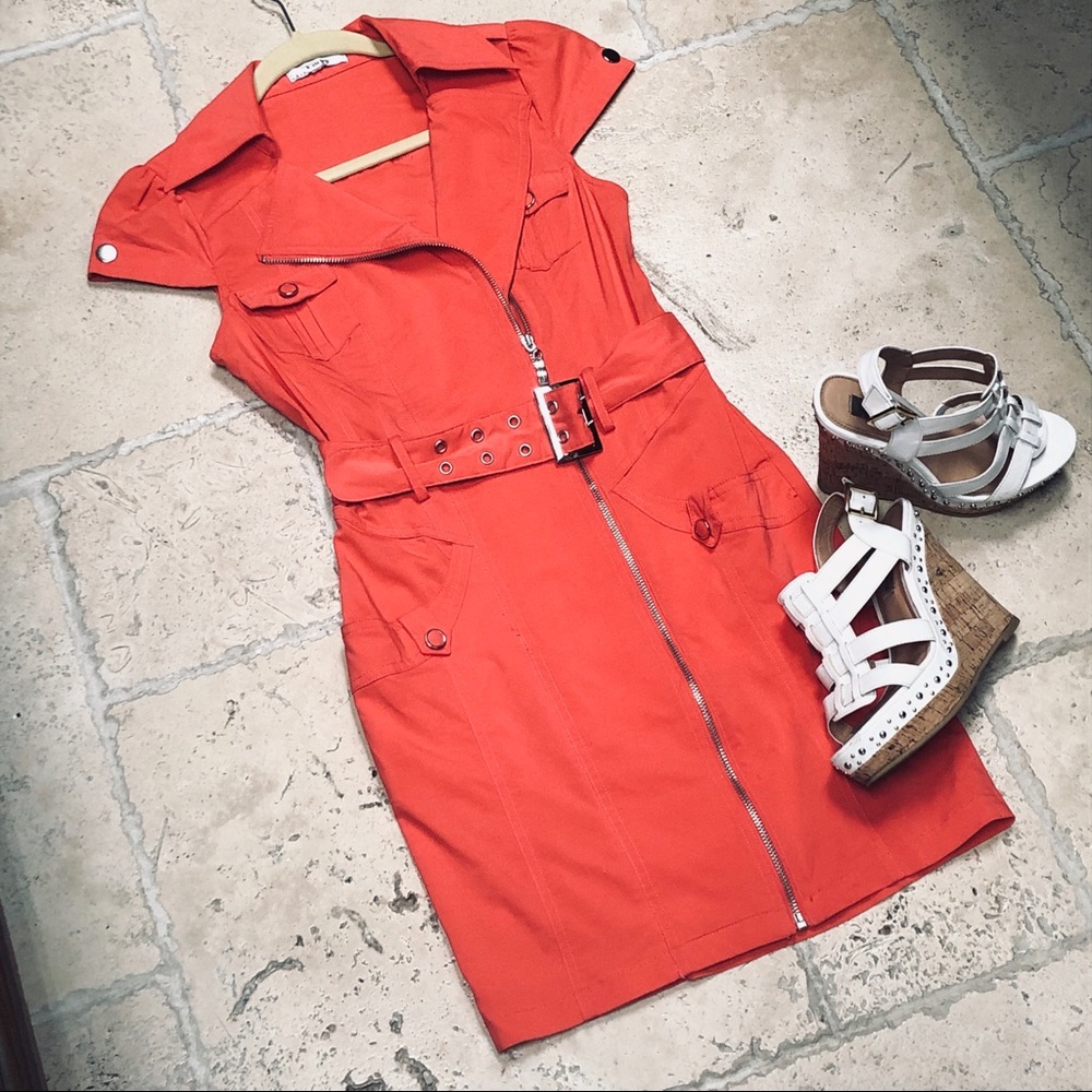 Coral collar dress with belts and pockets
